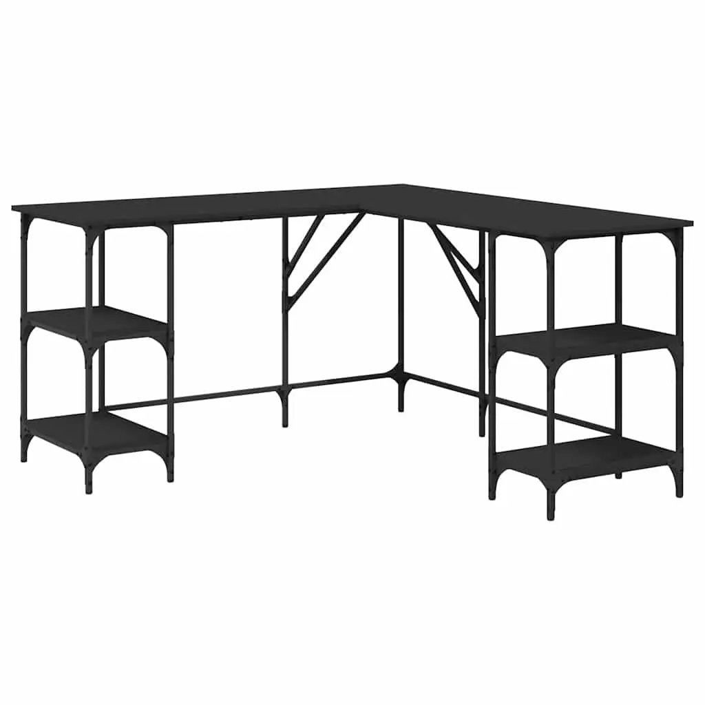 L-Shaped Desk Black Engineered Wood with Shelves and Adjustable Feet for Home Office