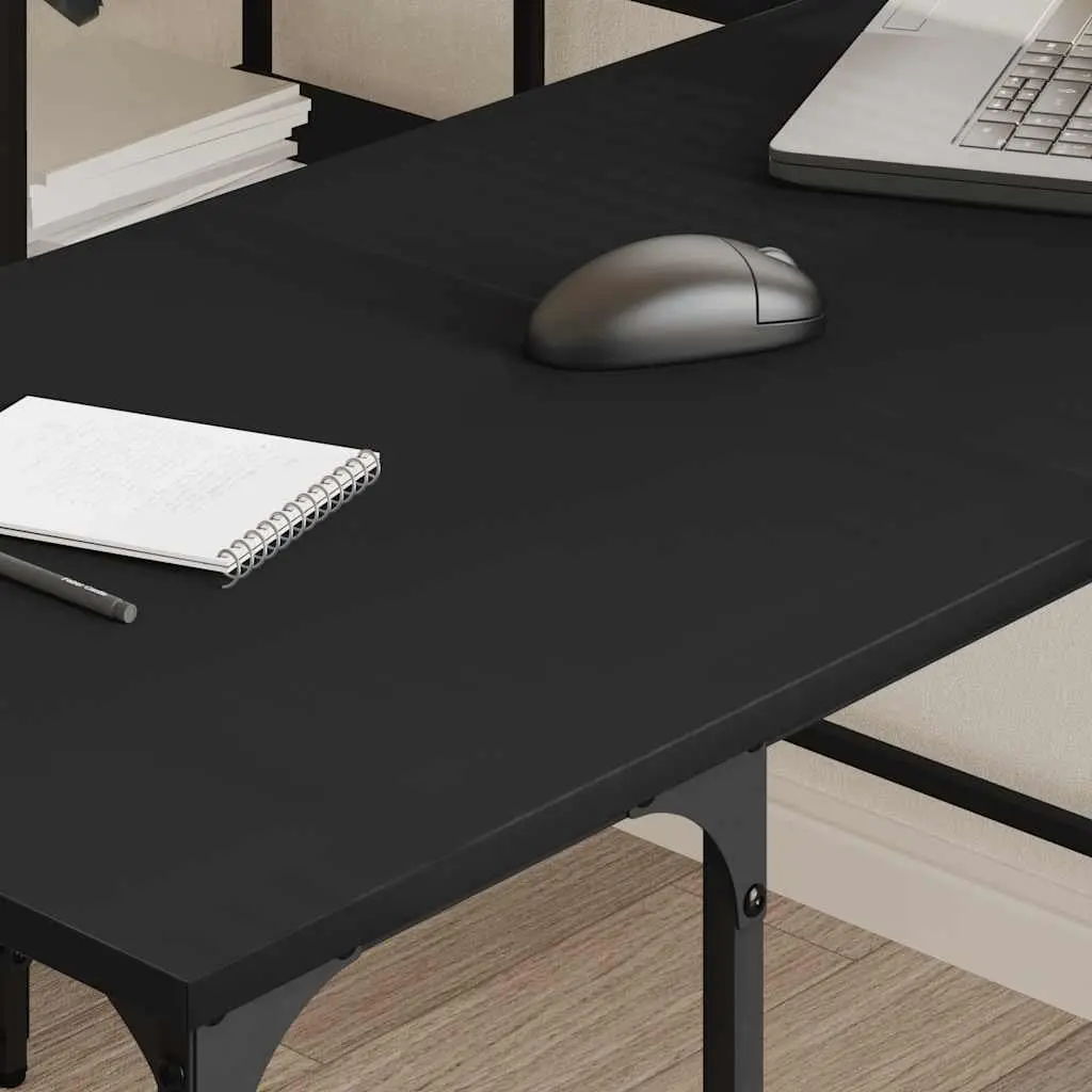 L-Shaped Desk Black Engineered Wood with Shelves and Adjustable Feet for Home Office