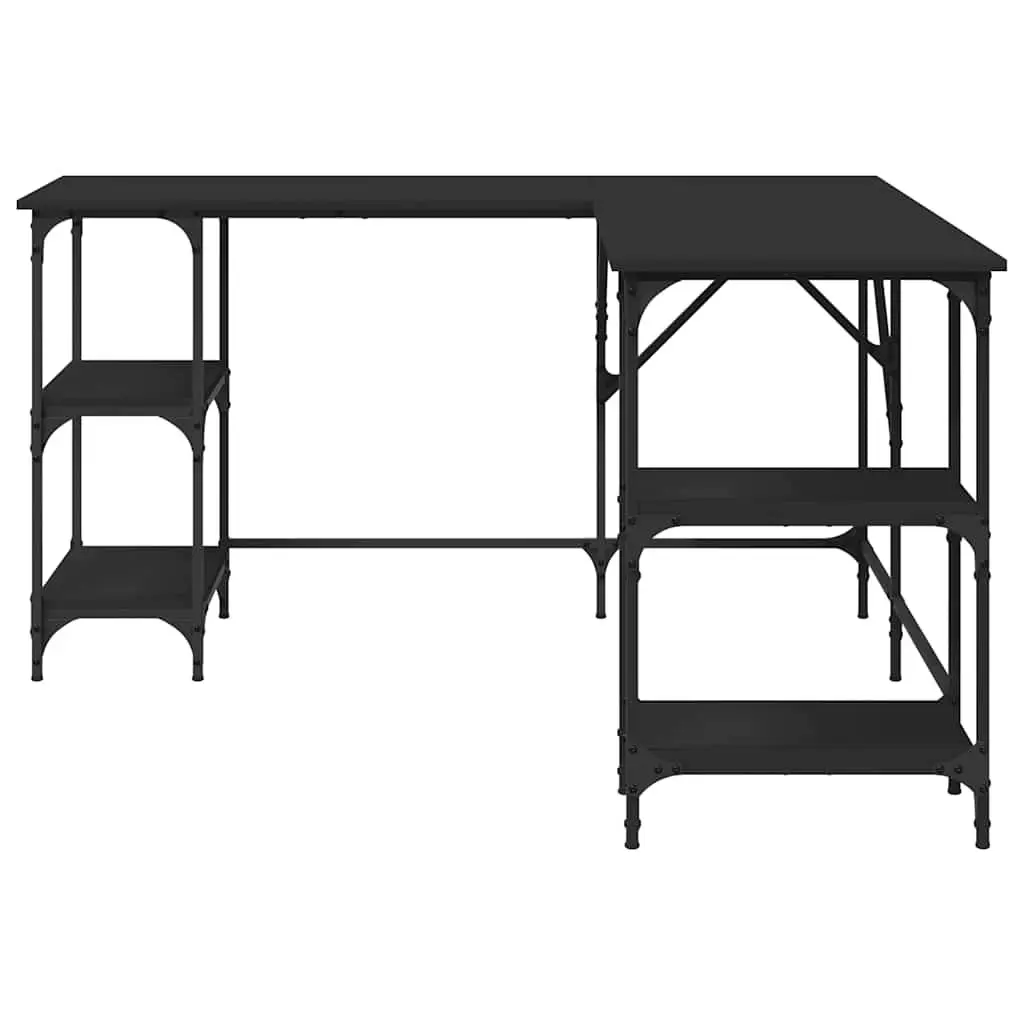 L-Shaped Desk Black Engineered Wood with Shelves and Adjustable Feet for Home Office