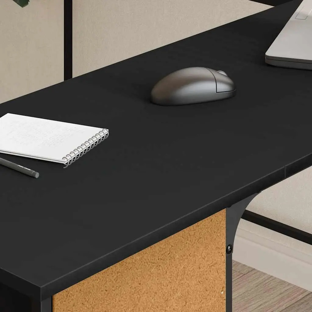 Black L-Shaped Desk Storage Workstation Engineered Wood Adjustable Feet 141x141x75cm