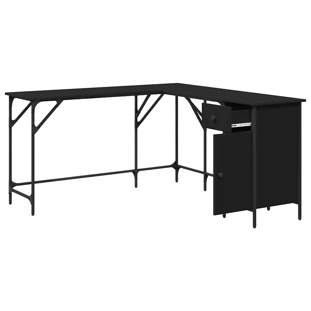 Black L-Shaped Desk Storage Workstation Engineered Wood Adjustable Feet 141x141x75cm