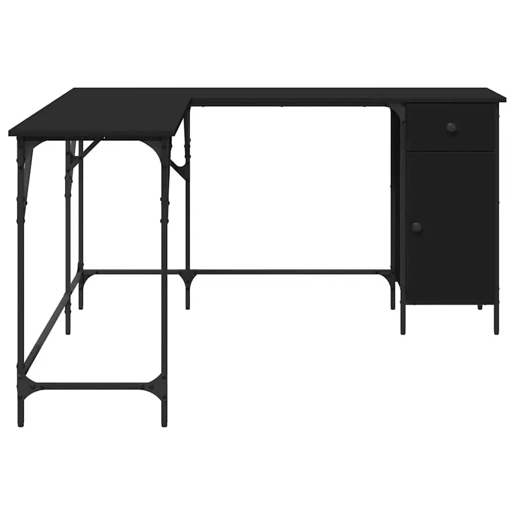 Black L-Shaped Desk Storage Workstation Engineered Wood Adjustable Feet 141x141x75cm