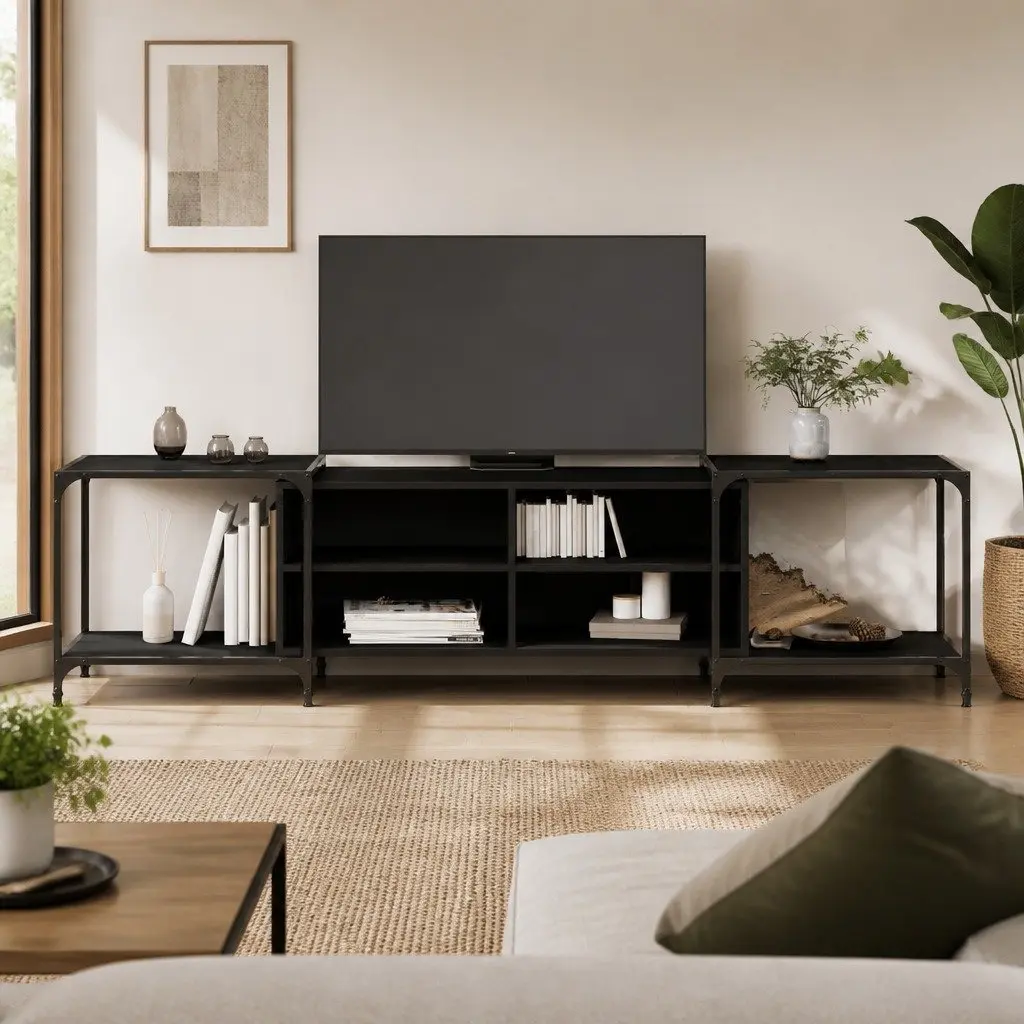 TV Cabinet Black Media Console Engineered Wood Shelves Storage Unit 203x37x50cm