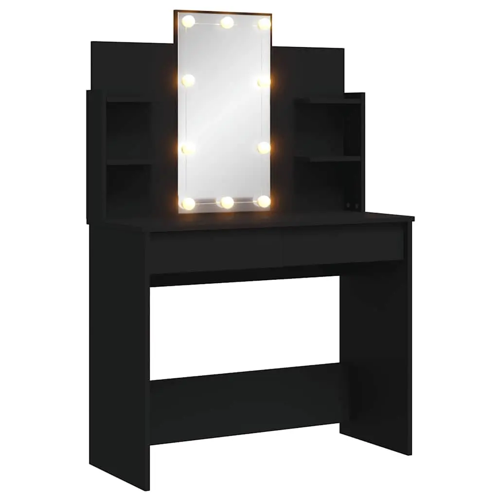 Dressing Table Black 2 Drawers LED Lights Mirror Adjustable Brightness