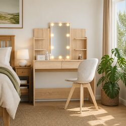 Bedroom Dressing Table with Mirror LED Lights Storage Drawers Shelves Brown