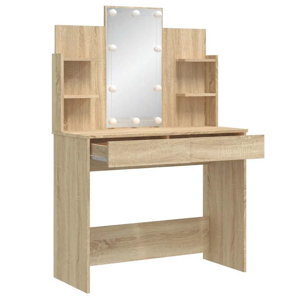 Dressing Table Brown 96W x 40D x 142H cm LED Lights Mirror Storage Drawers Shelves