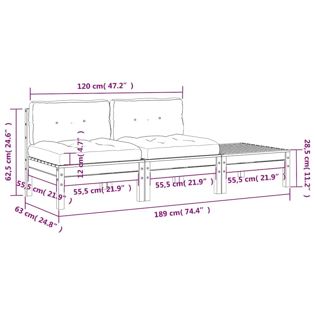 2-Seater Outdoor Garden Sofa Solid Wood with Cushions Footstool Patio Lounge Set