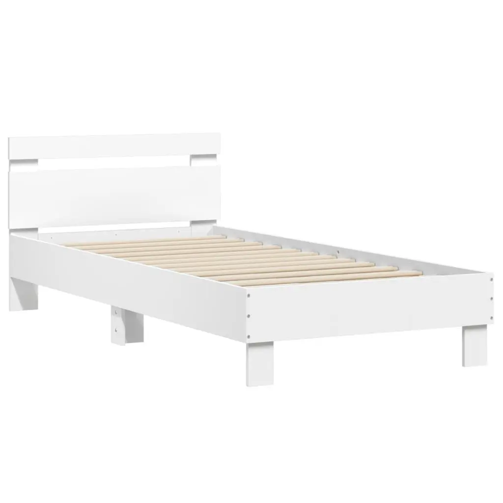 Bed Frame White 90x190 cm Engineered Wood Headboard Plywood Slats Support
