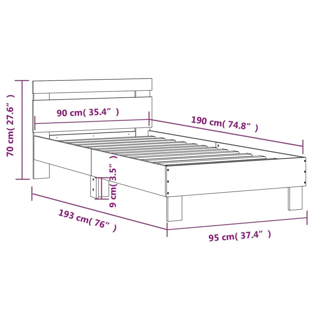 Bed Frame White 90x190 cm Engineered Wood Headboard Plywood Slats Support