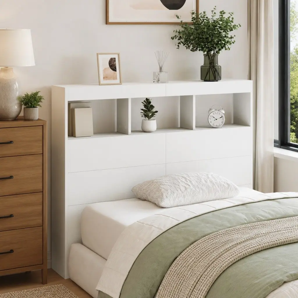 Headboard Cabinet White 120cm RGB LED Lights Modern Bedroom Storage
