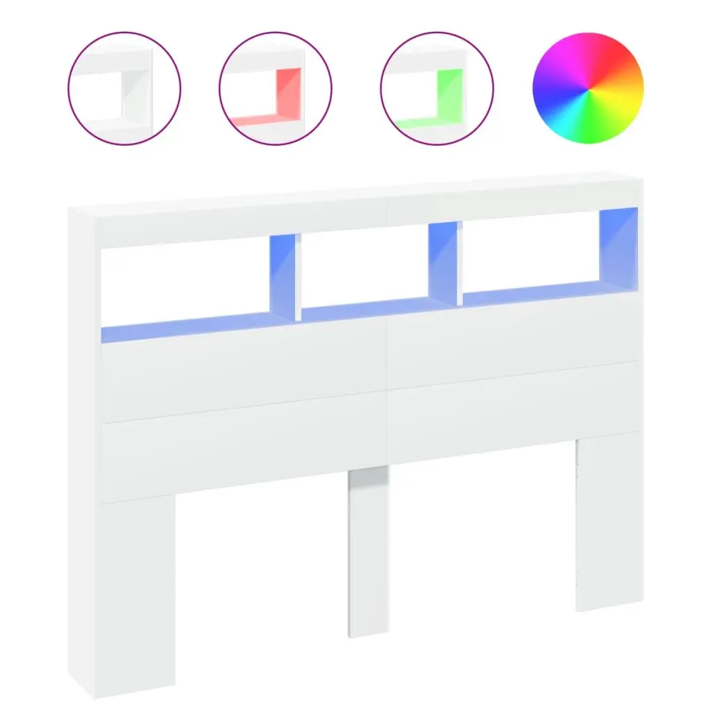 Headboard Cabinet with RGB LED Lights White 140 cm Modern Bedroom Storage