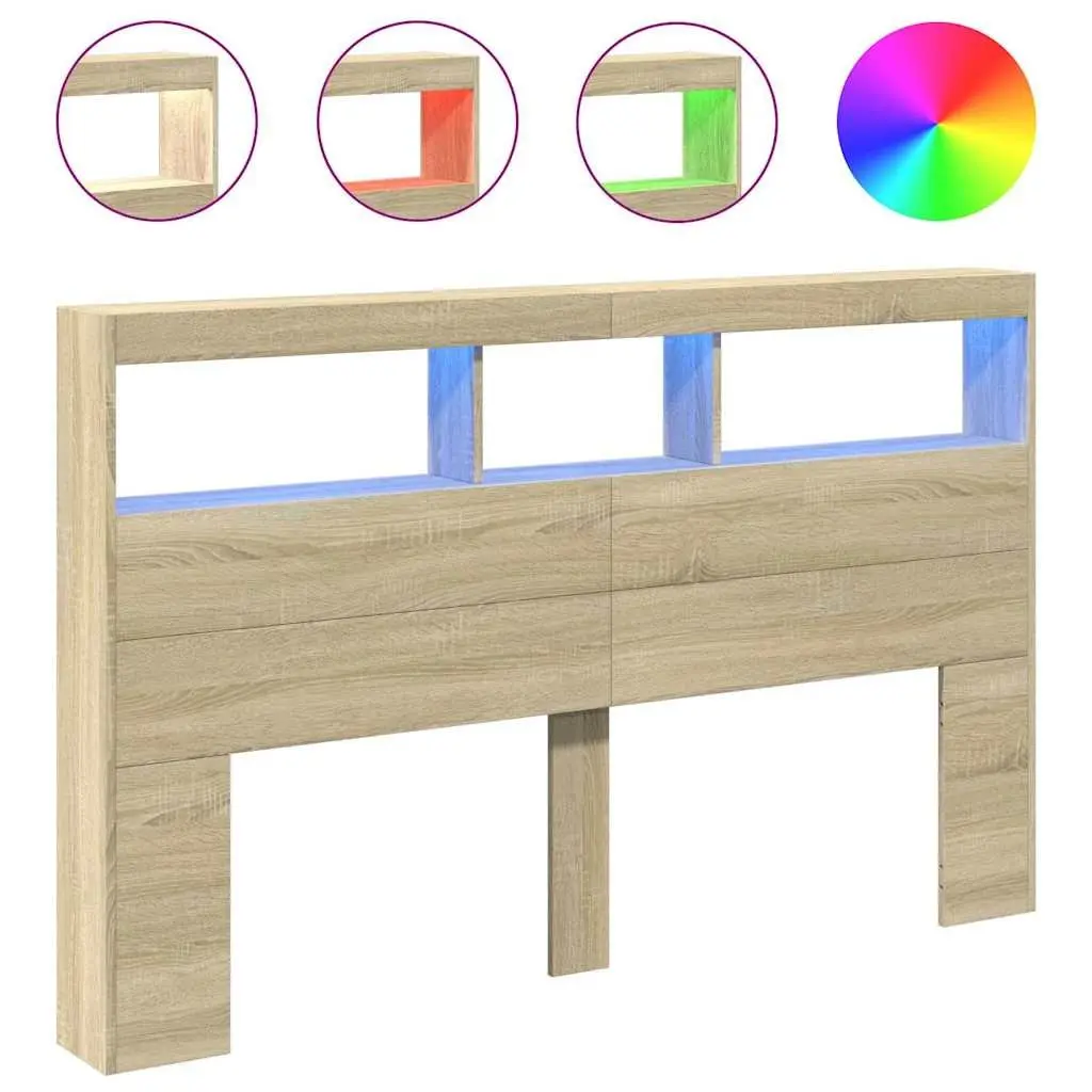 Headboard Cabinet Brown 160cm RGB LED Lights Storage Furniture