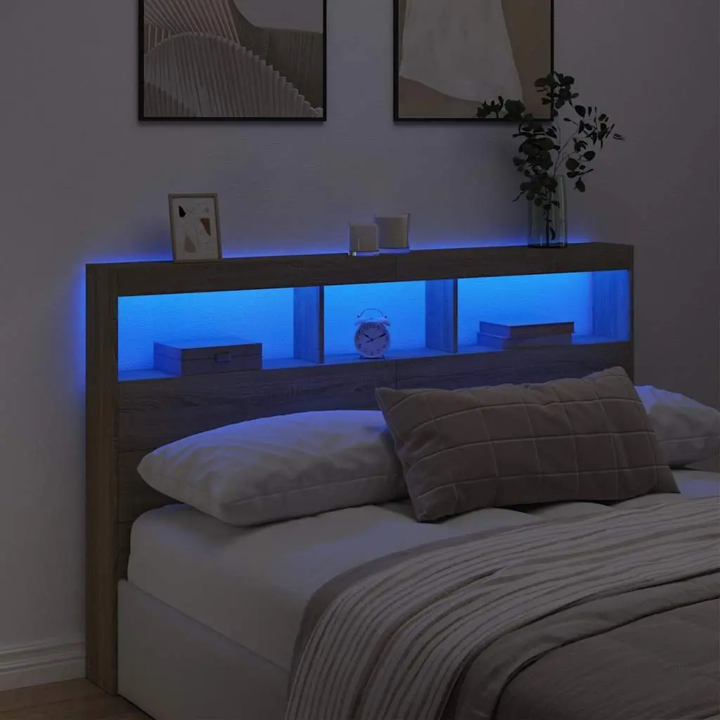 Headboard Cabinet Brown 160cm RGB LED Lights Storage Furniture