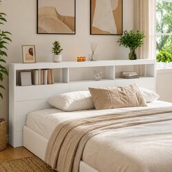 White LED Headboard Cabinet Bedroom Storage 220x17x102cm Modern Design Backrest