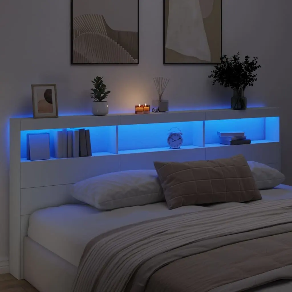 White LED Headboard Cabinet Bedroom Storage 220x17x102cm Modern Design Backrest