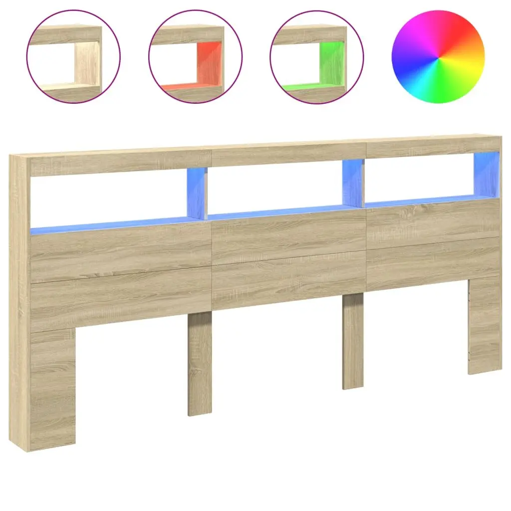 Headboard Cabinet with LED Lights Brown Bedroom Storage Bed Frame Display 220cm