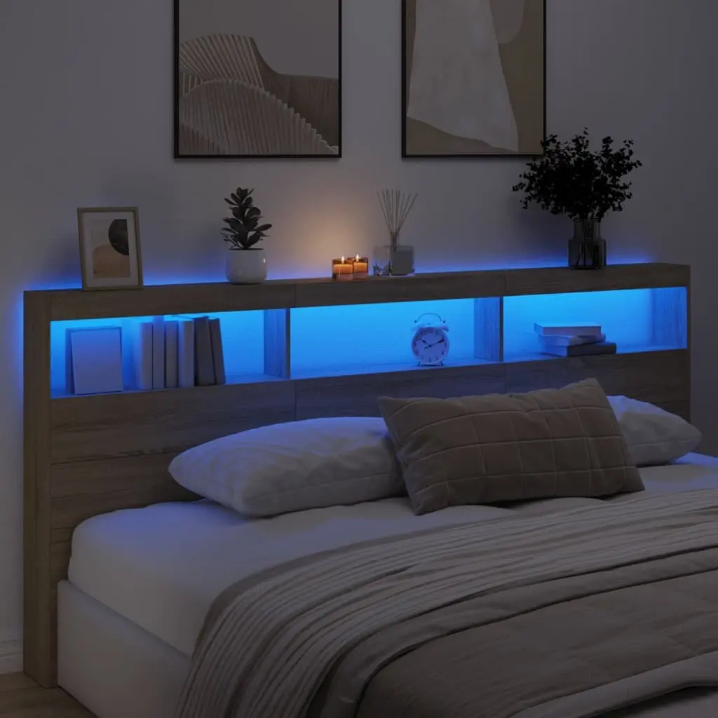 Headboard Cabinet with LED Lights Brown Bedroom Storage Bed Frame Display 220cm