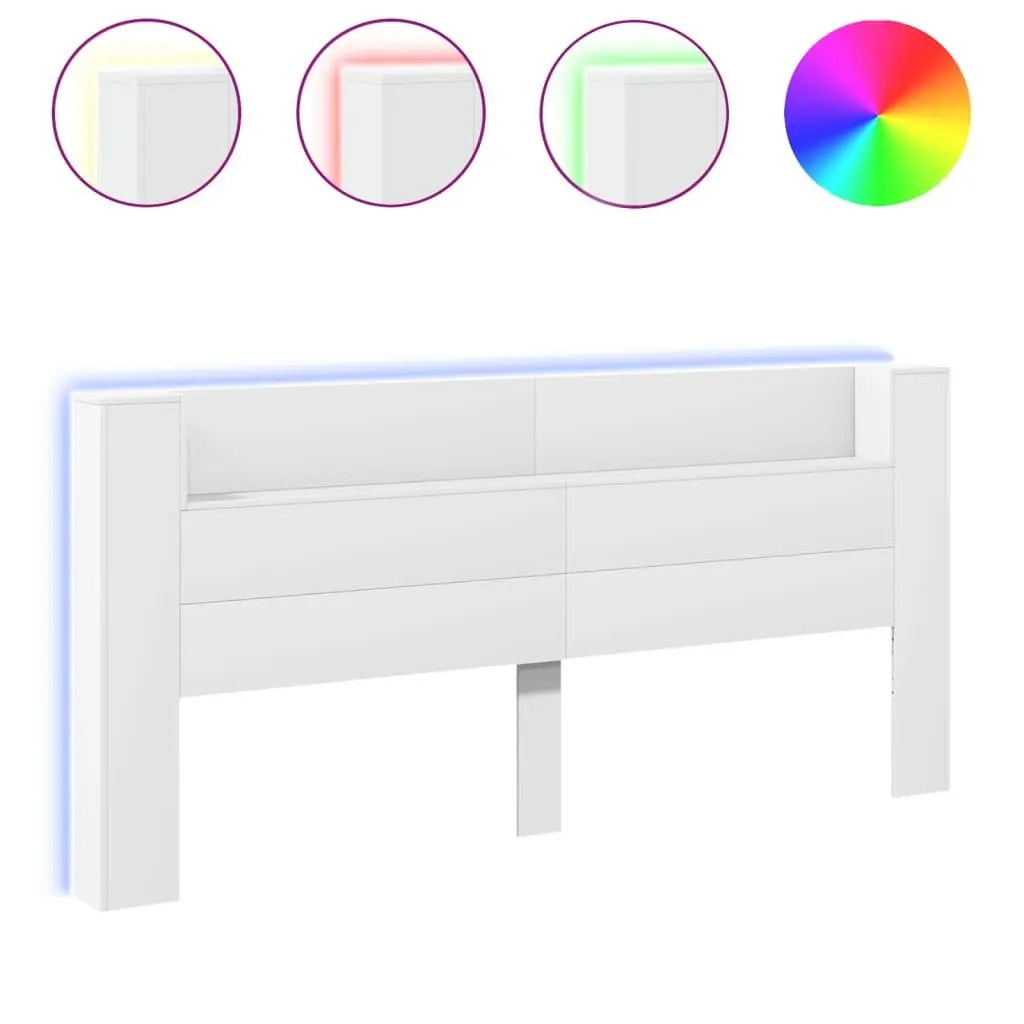 Headboard Cabinet White 220cm RGB LED Lights Storage Shelf