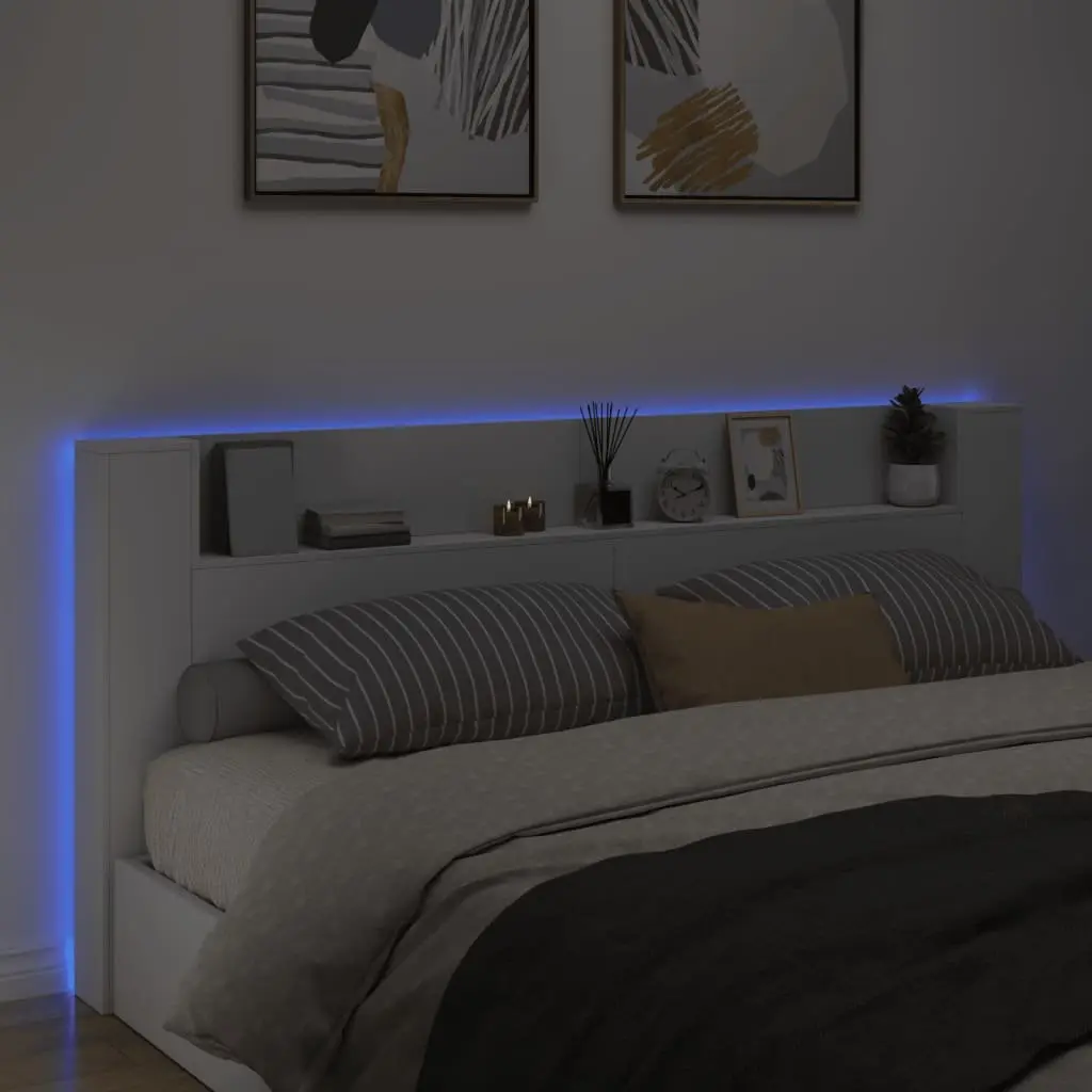 Headboard Cabinet White 220cm RGB LED Lights Storage Shelf