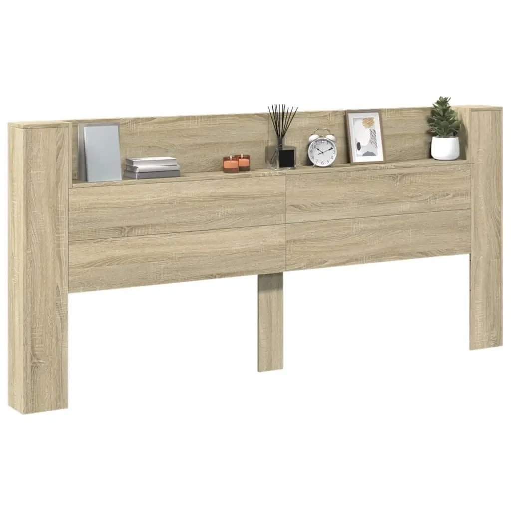 Headboard Cabinet Brown Engineered Wood RGB LED Lights Open Shelf Storage