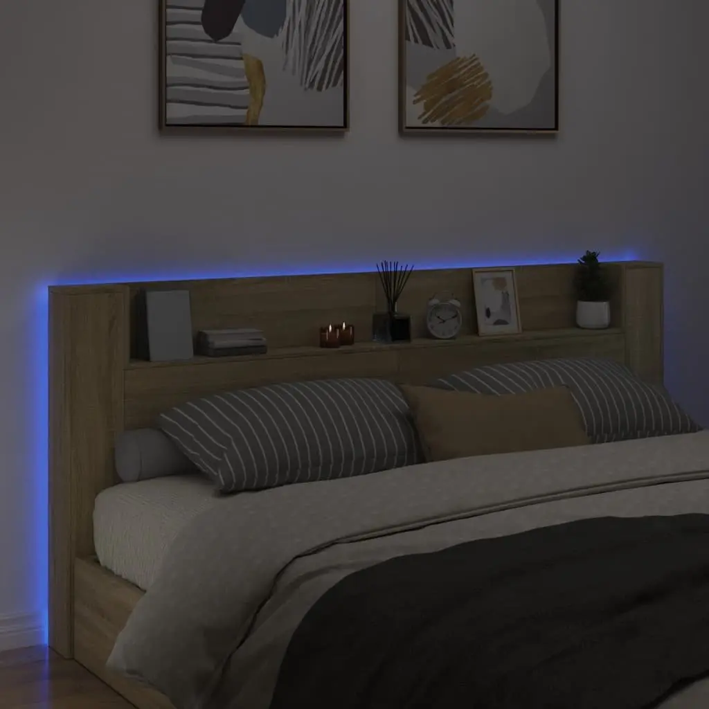 Headboard Cabinet Brown Engineered Wood RGB LED Lights Open Shelf Storage