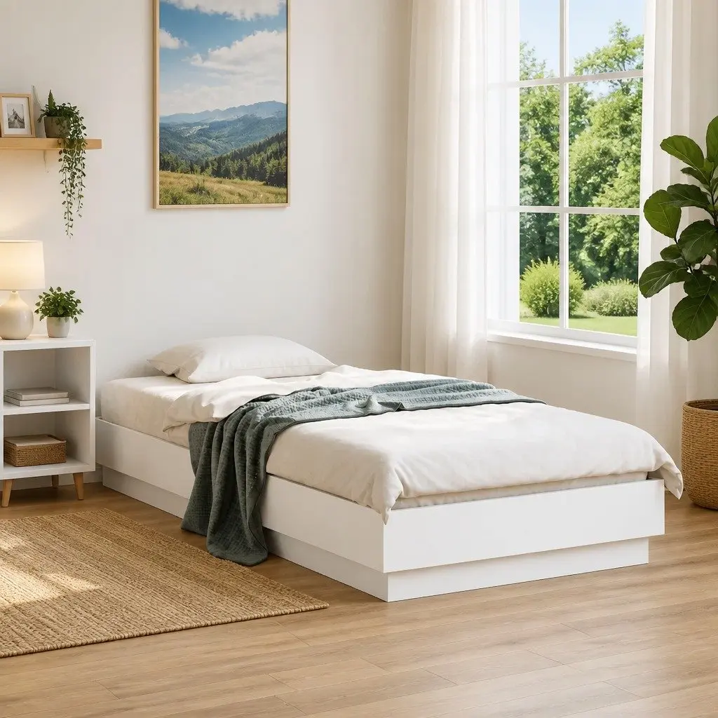 Bed Frame White 90x190 cm Engineered Wood Slatted Base Bedroom Furniture
