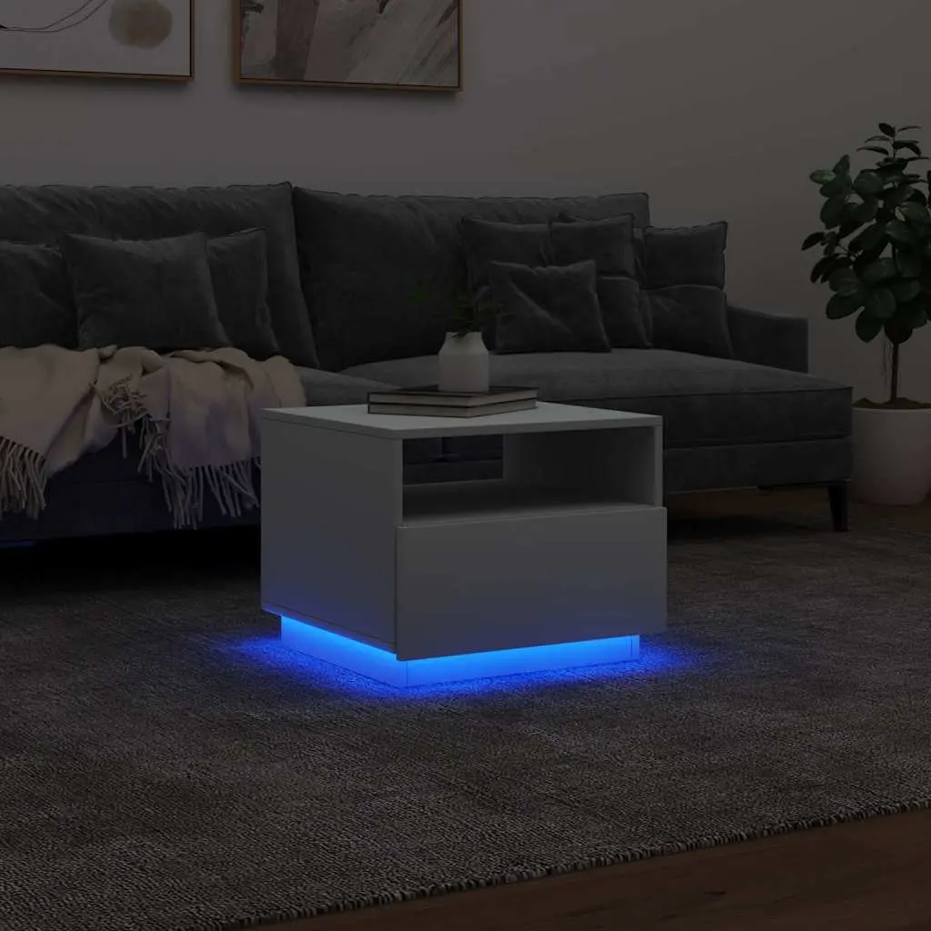 Coffee Table White 50x49x40cm RGB LED Lights Modern Living Room Accent Side Table