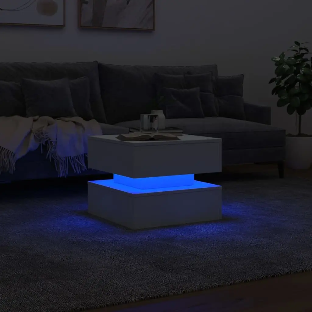 Coffee Table White 50L x 50W x 40H cm Modern with RGB LED Lights