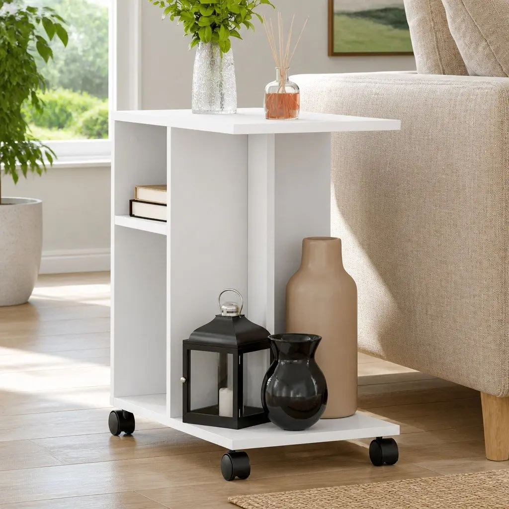 End Table White Engineered Wood Storage with Wheels