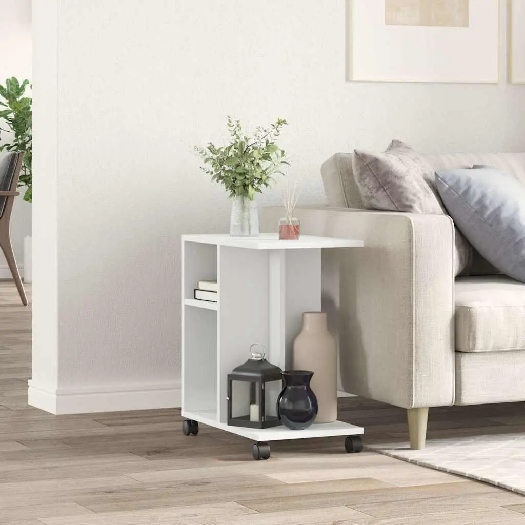 End Table White Engineered Wood Storage with Wheels