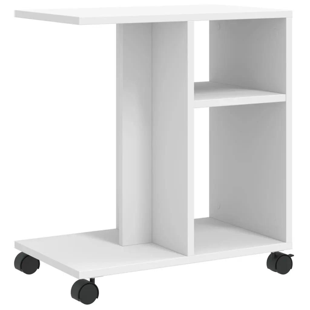 End Table White Engineered Wood Storage with Wheels