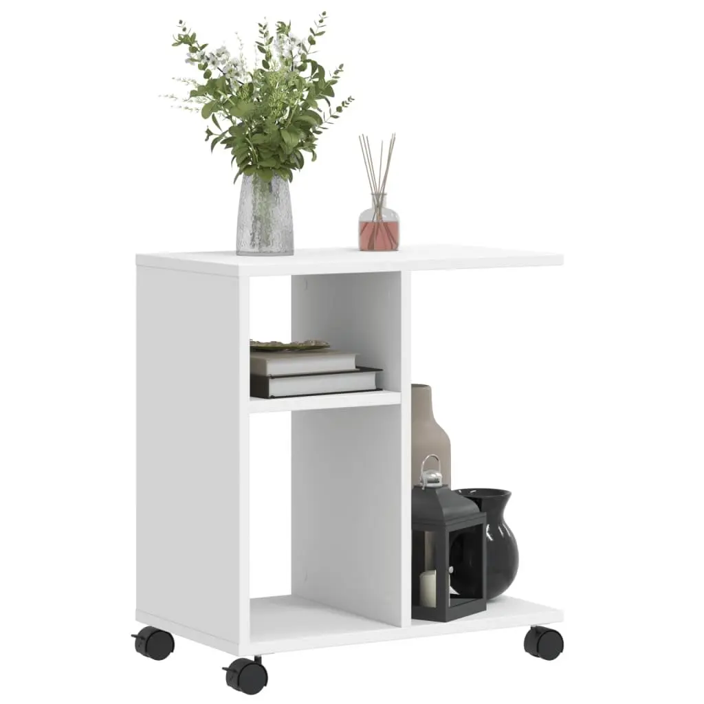 End Table White Engineered Wood Storage with Wheels