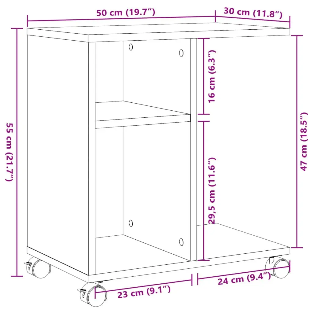 End Table White Engineered Wood Storage with Wheels