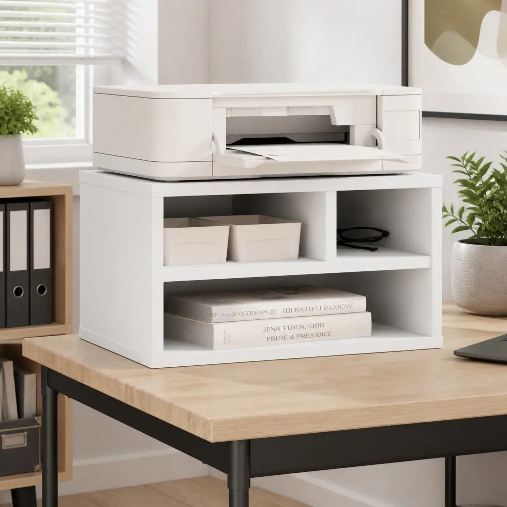Printer Stand White Engineered Wood Storage Shelf Office Desk Organizer 40 x 32 x 22.5 cm Durable Moisture Resistant Ample Storage Space