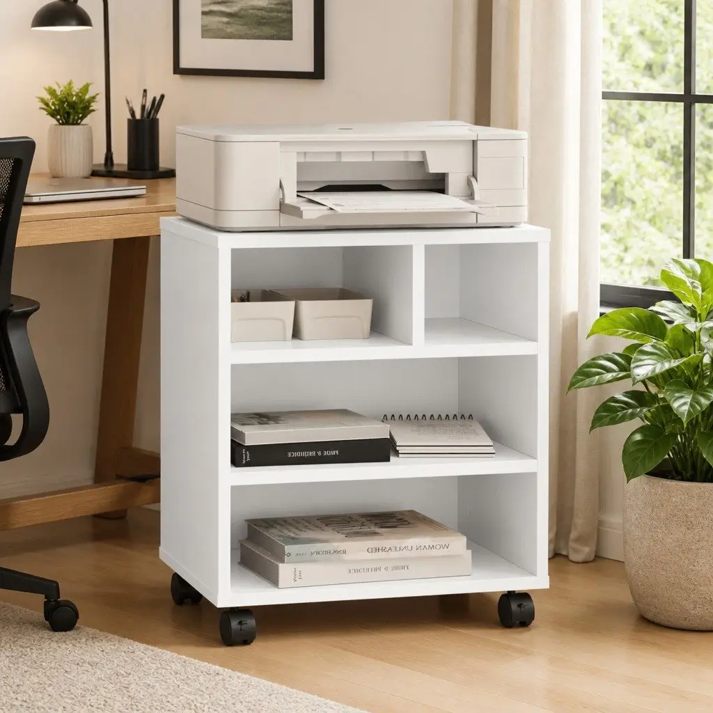 Printer Stand White Engineered Wood Mobile Organiser with Wheels