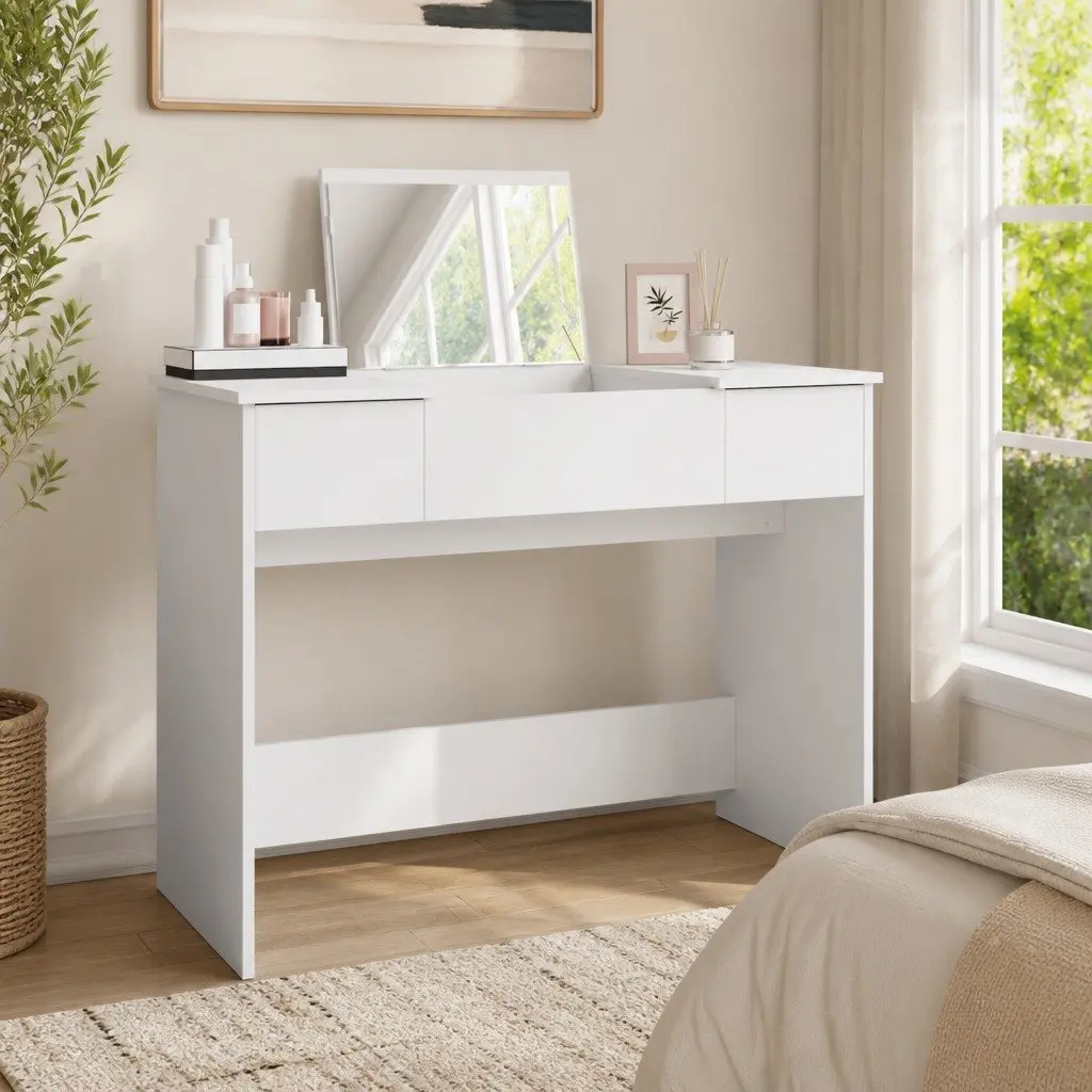 Dressing Table White 100x45x76cm Modern with Mirror Storage Unit
