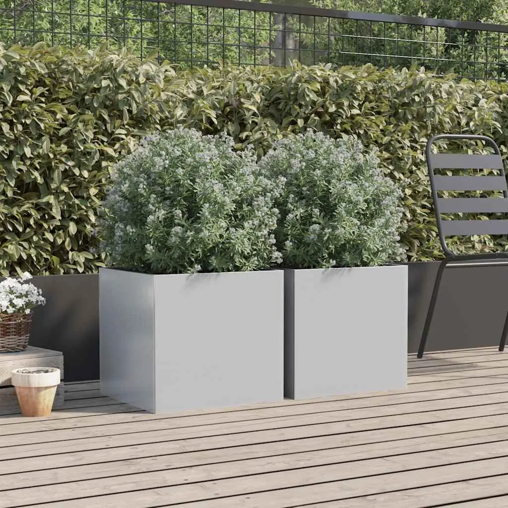 Galvanised Steel Garden Planters Silver 42x40x39cm Outdoor Pots Set of 2