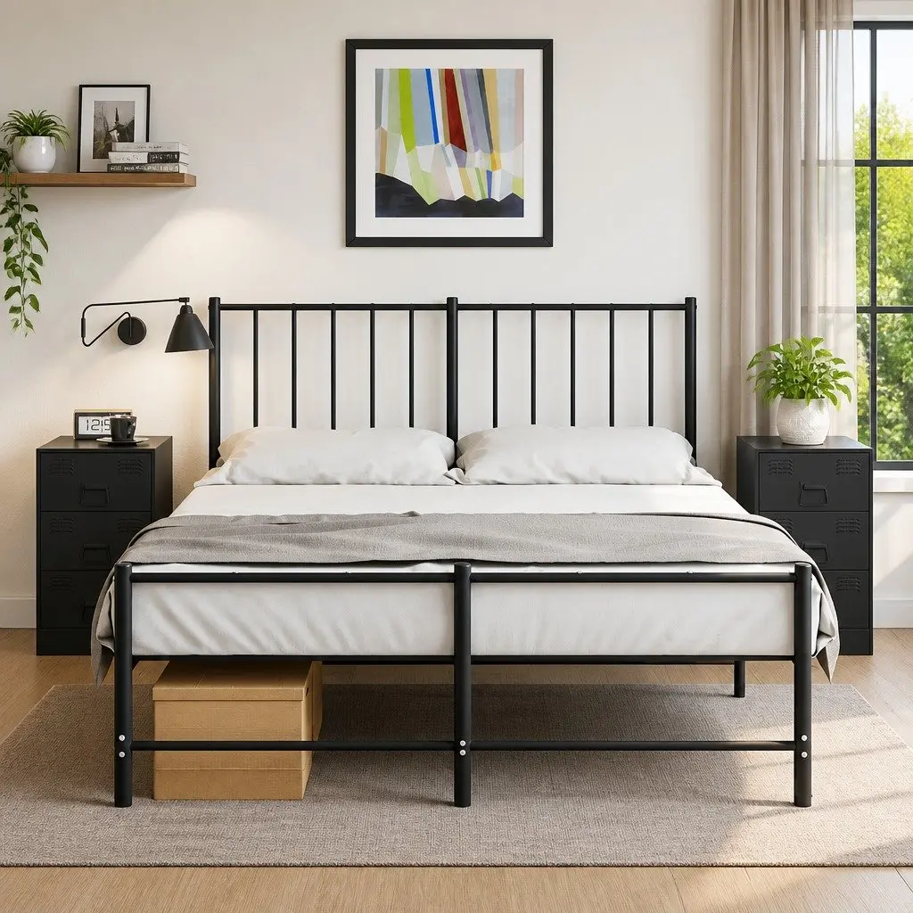 Black Nightstand Cabinet Set 2 Pieces 34.5x39x62cm Steel Storage Bedroom Furniture