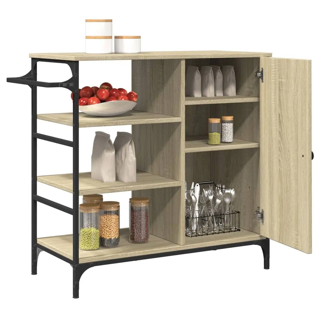 Kitchen Trolley Brown Engineered Wood Steel Frame Storage Organiser Cart with Wheels Towel Rack Shelves