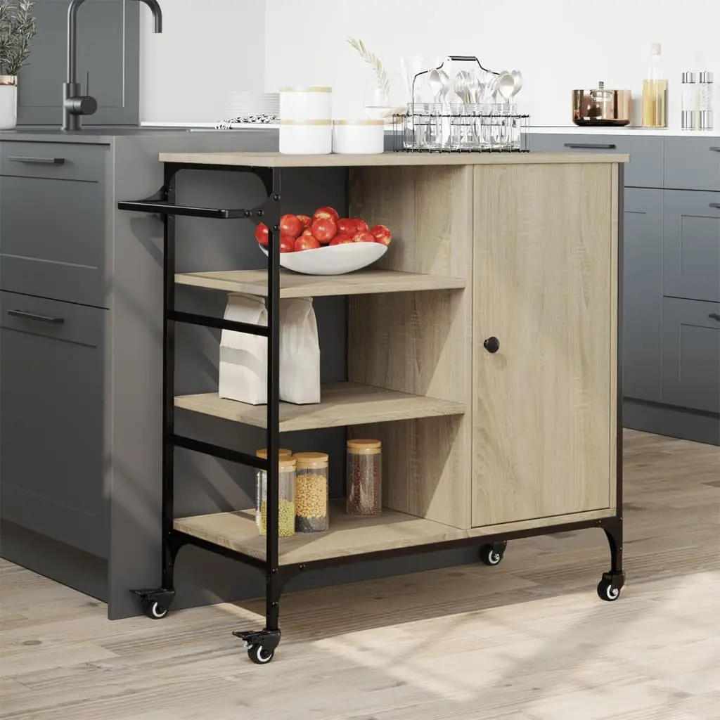 Kitchen Trolley Brown Engineered Wood Steel Frame Storage Organiser Cart with Wheels Towel Rack Shelves