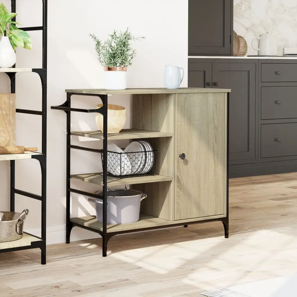 Kitchen Trolley Brown Engineered Wood Steel Frame Storage Organiser Cart with Wheels Towel Rack Shelves