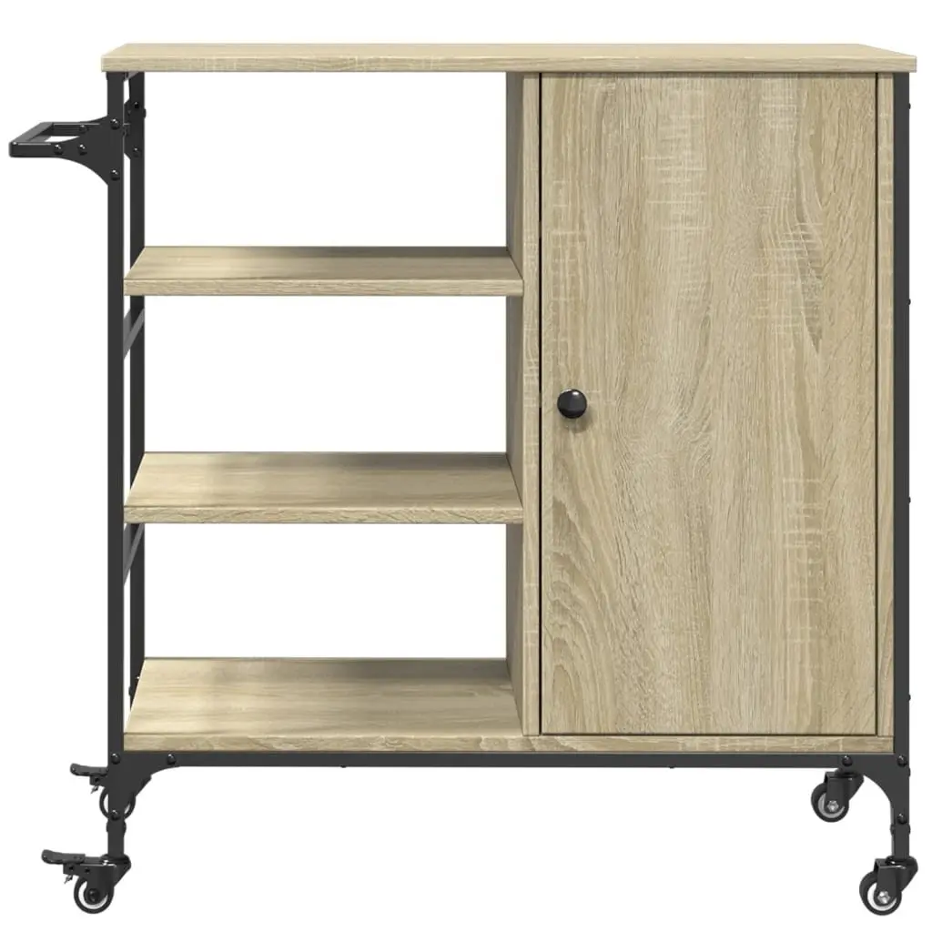 Kitchen Trolley Brown Engineered Wood Steel Frame Storage Organiser Cart with Wheels Towel Rack Shelves