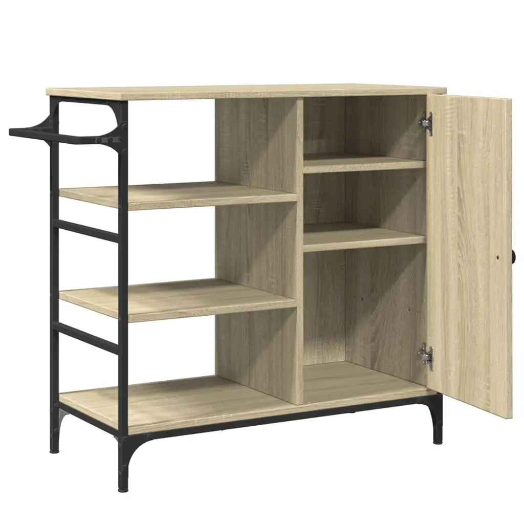 Kitchen Trolley Brown Engineered Wood Steel Frame Storage Organiser Cart with Wheels Towel Rack Shelves
