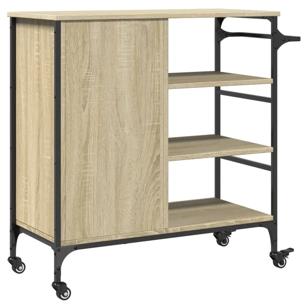 Kitchen Trolley Brown Engineered Wood Steel Frame Storage Organiser Cart with Wheels Towel Rack Shelves