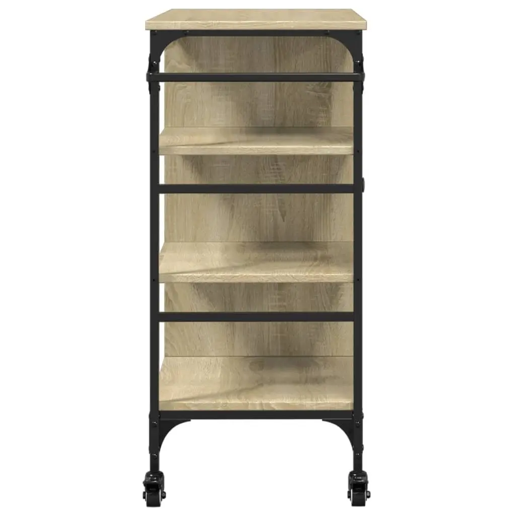 Kitchen Trolley Brown Engineered Wood Steel Frame Storage Organiser Cart with Wheels Towel Rack Shelves