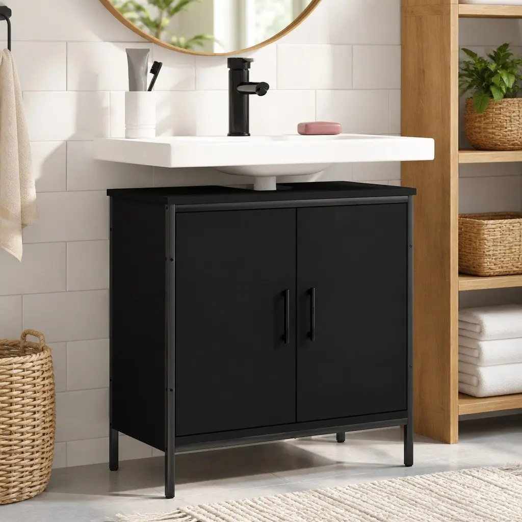 Bathroom Vanity Sink Cabinet Black Engineered Wood Storage Unit 60x30x60cm