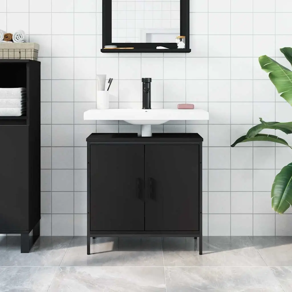 Bathroom Vanity Sink Cabinet Black Engineered Wood Storage Unit 60x30x60cm