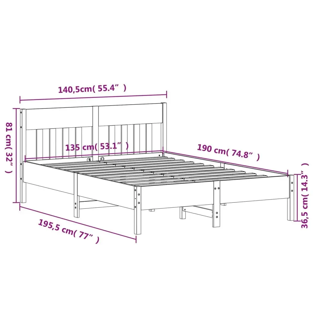 Bed Frame 135x190 cm Solid Pine Wood Slatted Base Bedroom Furniture Brown