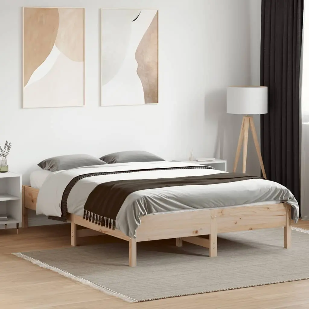 Bed Frame 135x190 cm Solid Pine Wood Slatted Base Brown Bedroom Furniture