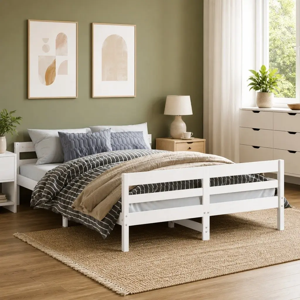 Double Bed Frame White Solid Pine Wood 137x187 cm Plywood Slatted Base